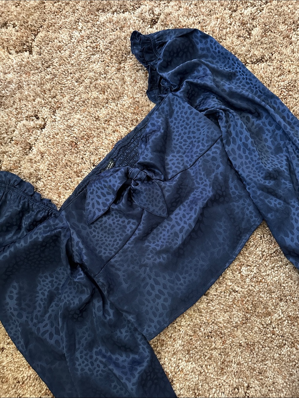 Navy Satin Animal Print Puff Sleeve Crop Top